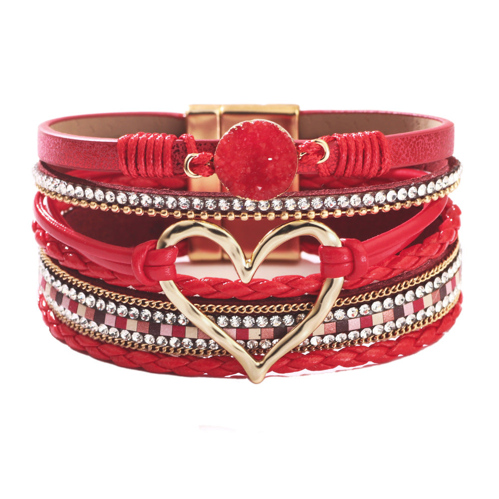 Wholesale Bohemian Heart Rhinestone Magnetic Leather Bracelet
